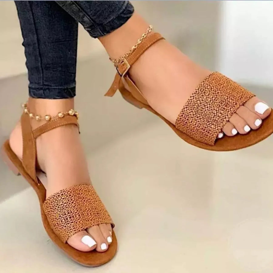 Open Toe Ankle-Strap Flat Sandals Brown / 35 Apparel and Accessories