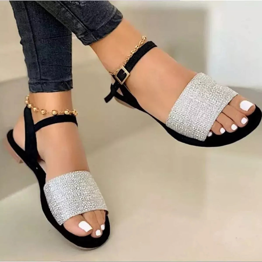 Open Toe Ankle-Strap Flat Sandals Silver / 35 Apparel and Accessories