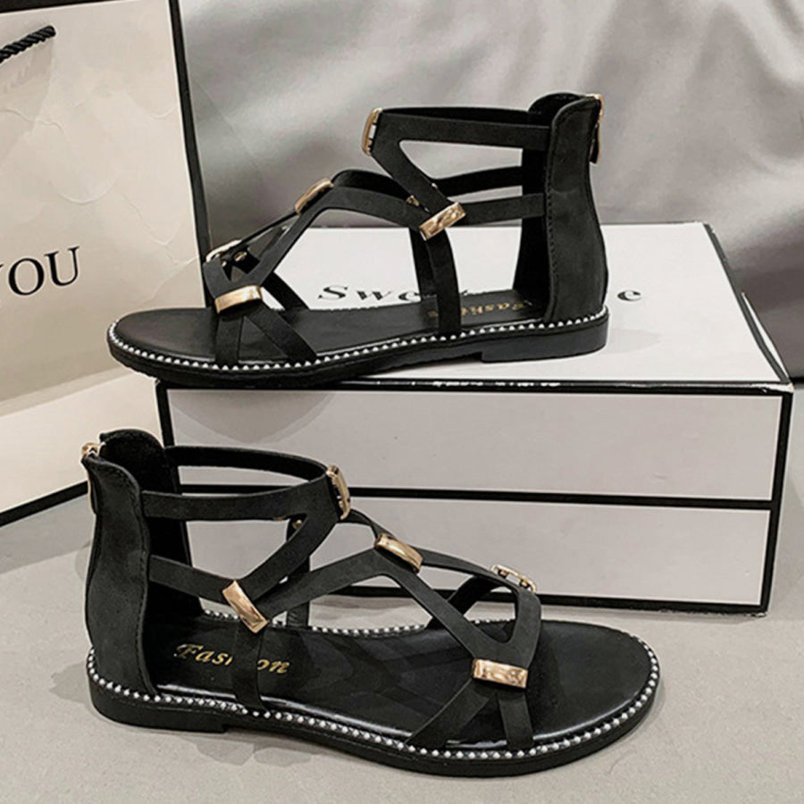 Open Toe Back Zipper Flat Sandals Apparel and Accessories