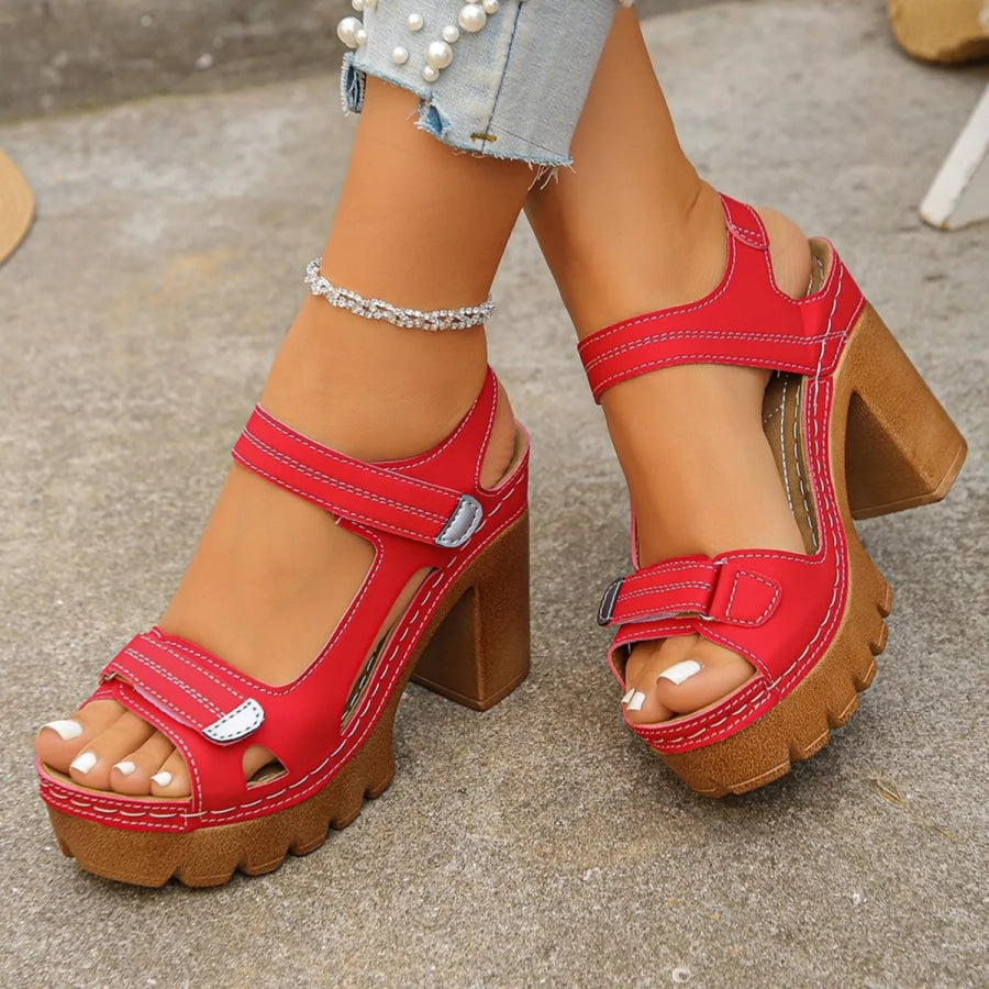 Open Toe Block Heels Sandals Red / 35 Apparel and Accessories