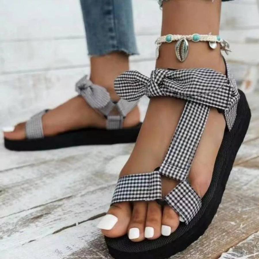 Open Toe Bow Sandals Black Plaid / 35 Apparel and Accessories