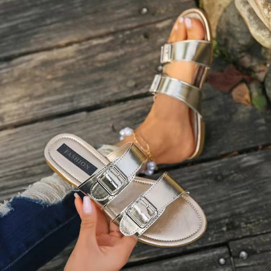 Open Toe Double Buckle Sandals Silver / 36(US5) Apparel and Accessories