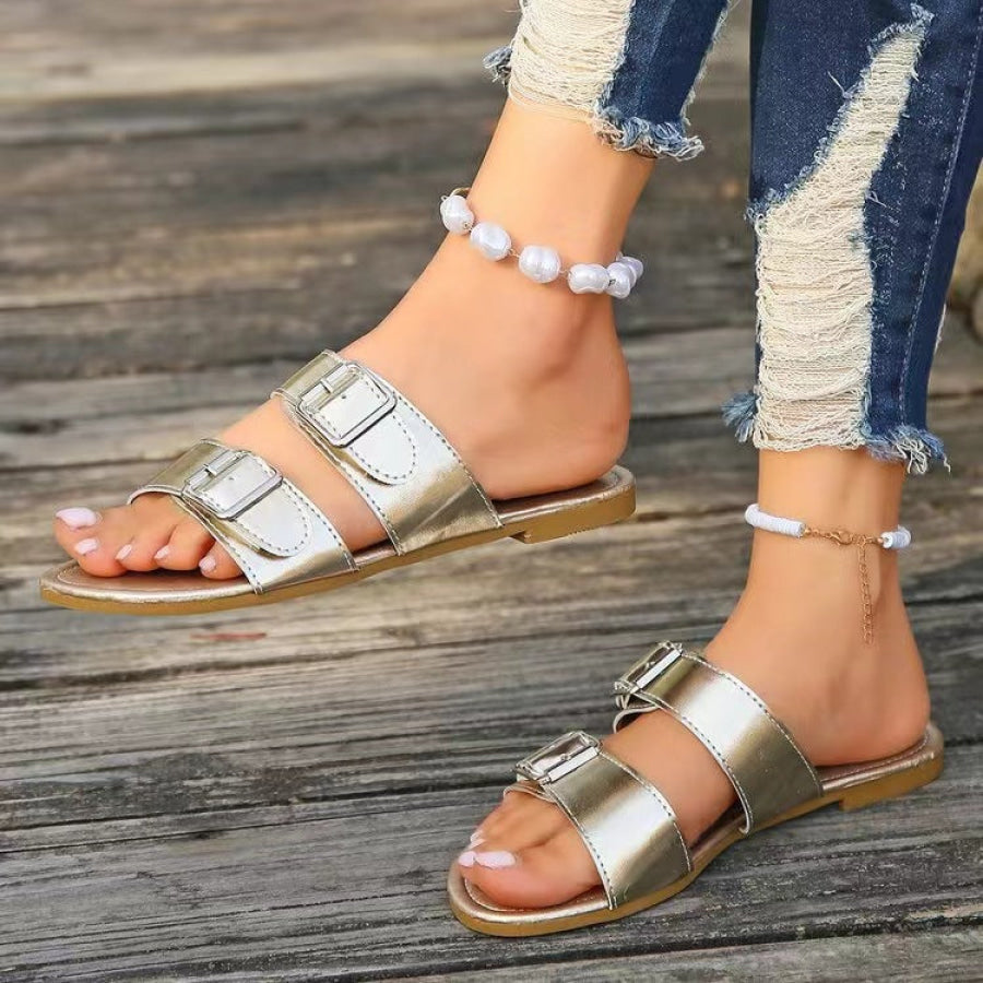 Open Toe Double Buckle Sandals Gold / 36(US5) Apparel and Accessories