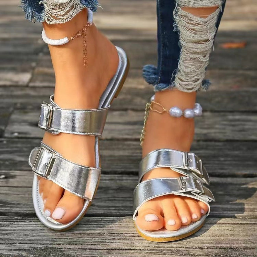 Open Toe Double Buckle Sandals Silver / 36(US5) Apparel and Accessories