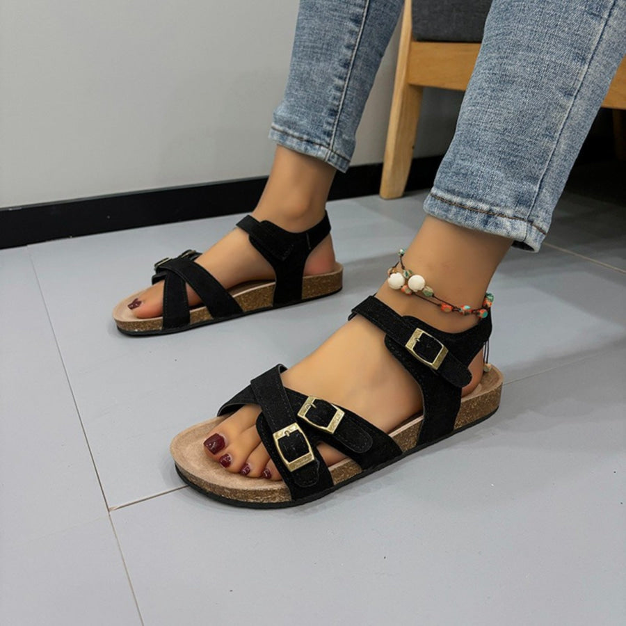 Open Toe Flat Buckle Sandals Black / 36(US5) Apparel and Accessories