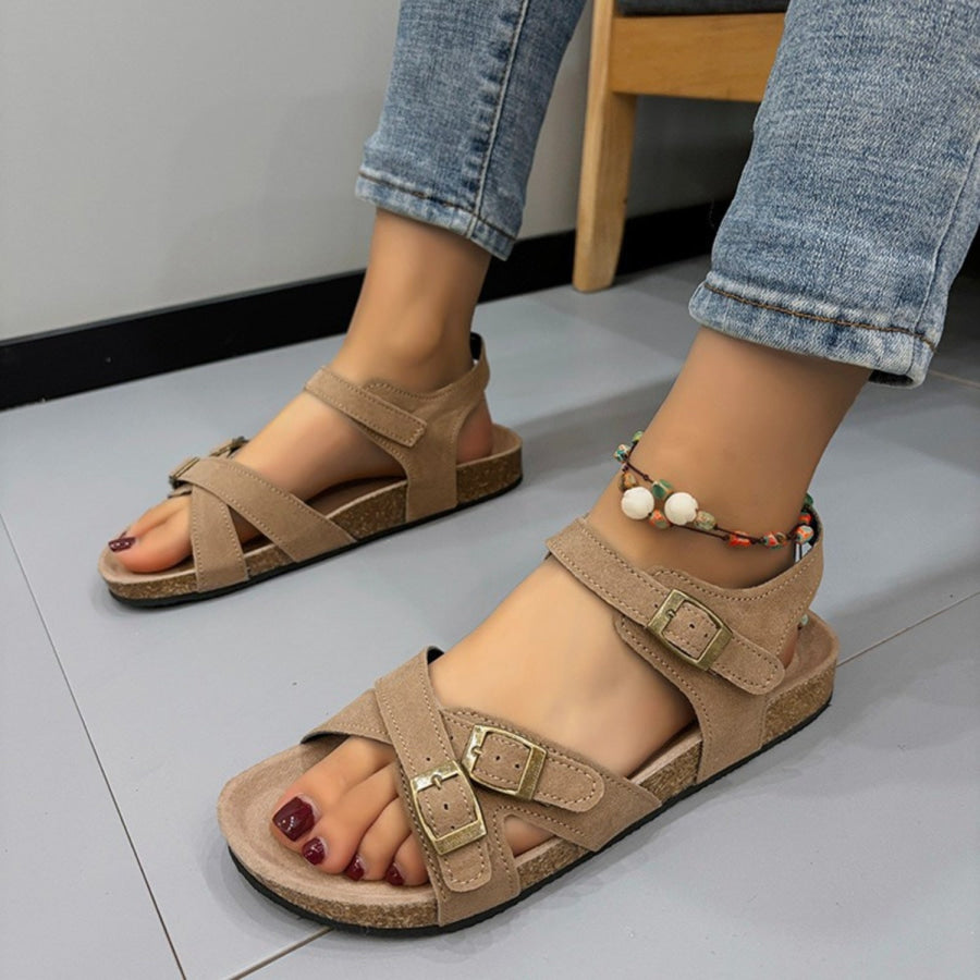 Open Toe Flat Buckle Sandals Khaki / 36(US5) Apparel and Accessories