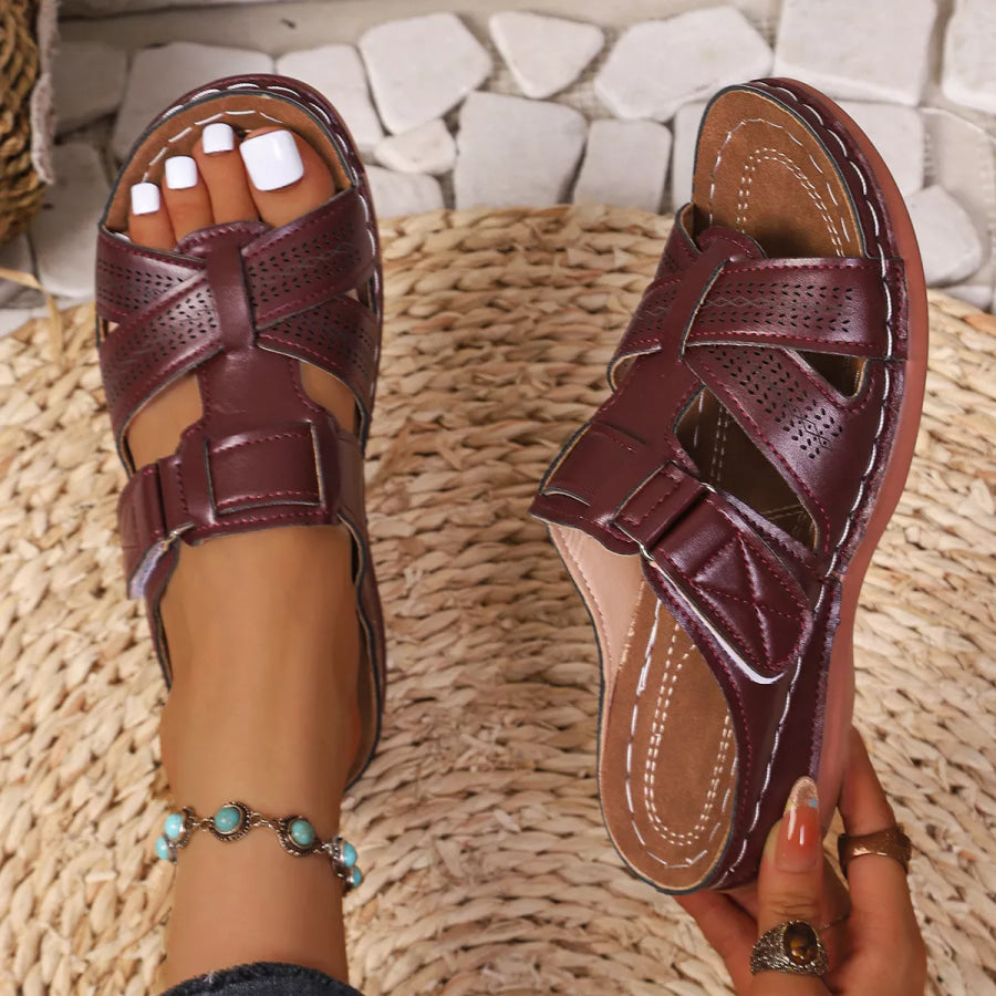 Open Toe Flats Sandals Burgundy / 35 Apparel and Accessories