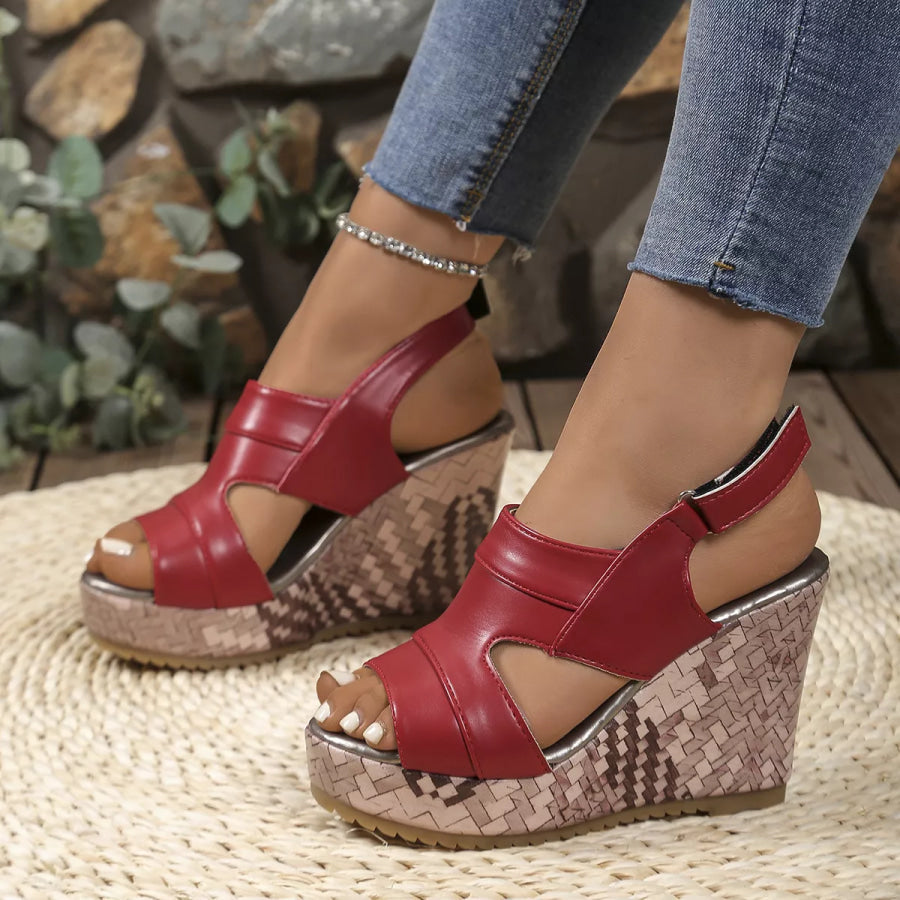 Open Toe Wedge Sandals Burgundy / 35 Apparel and Accessories