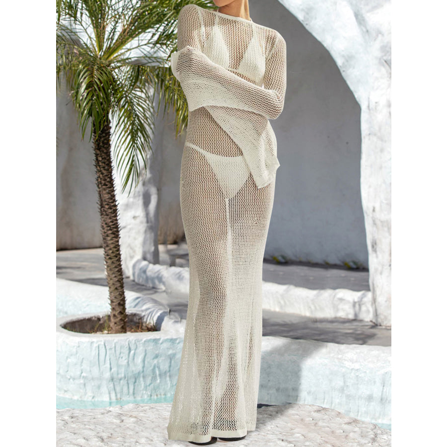 Openwork Backless Flare Sleeve Cover-Up Dress White / S Apparel and Accessories