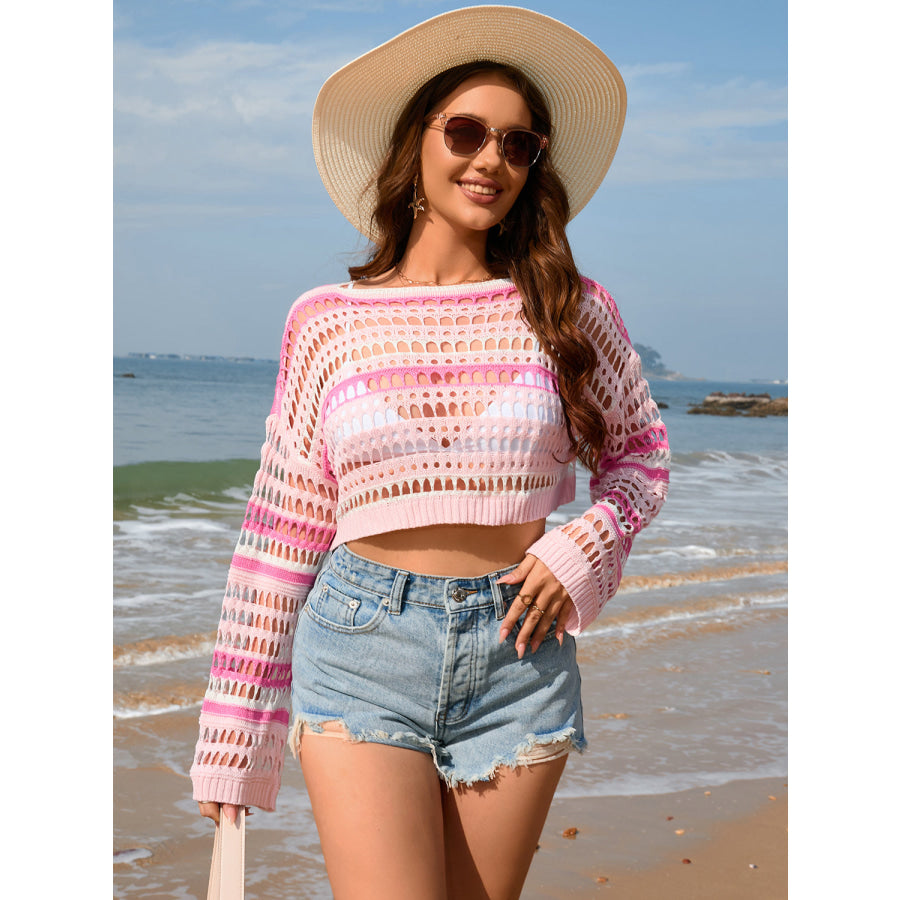 Openwork Boat Neck Dropped Shoulder Cover - Up Blush Pink / S Apparel and Accessories