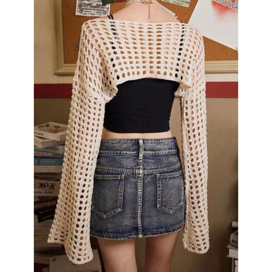 Openwork Boat Neck Dropped Shoulder Knit Cover Up Sand / S Apparel and Accessories