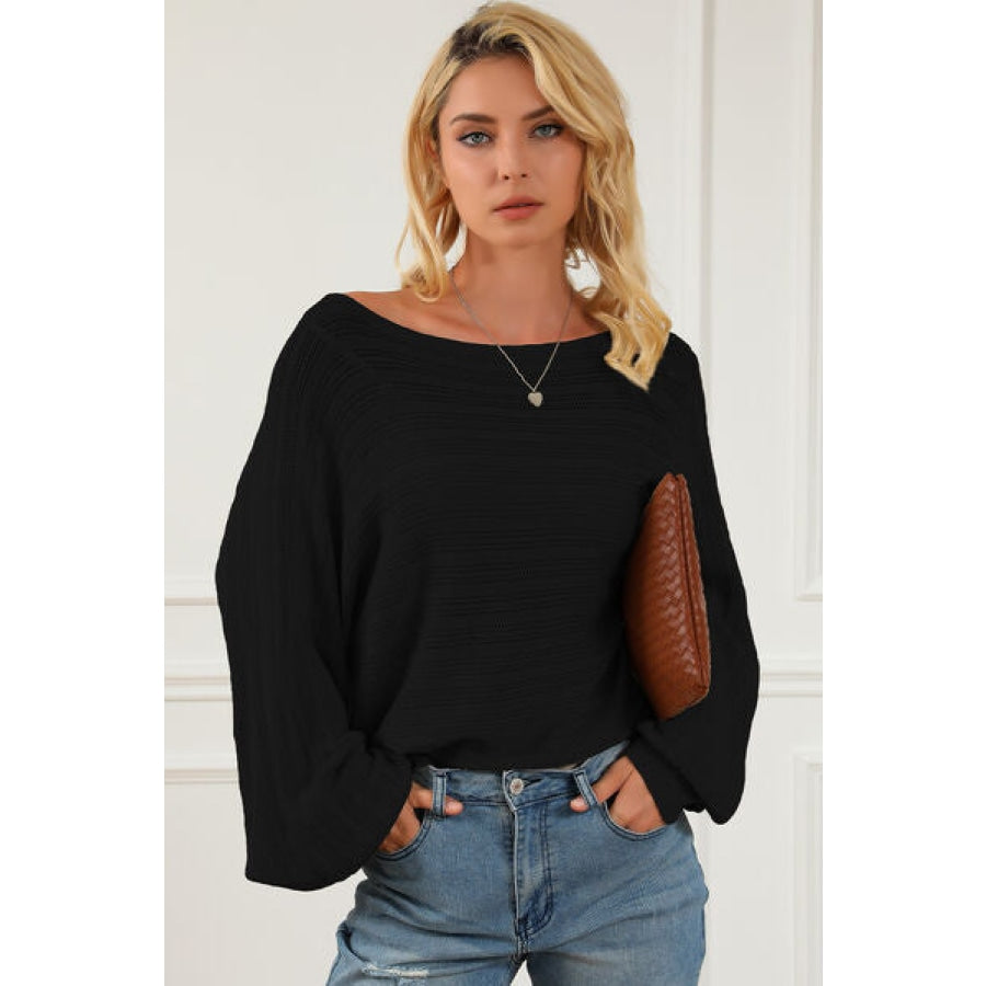 Openwork Boat Neck Lantern Sleeve Sweater Black / S Clothing