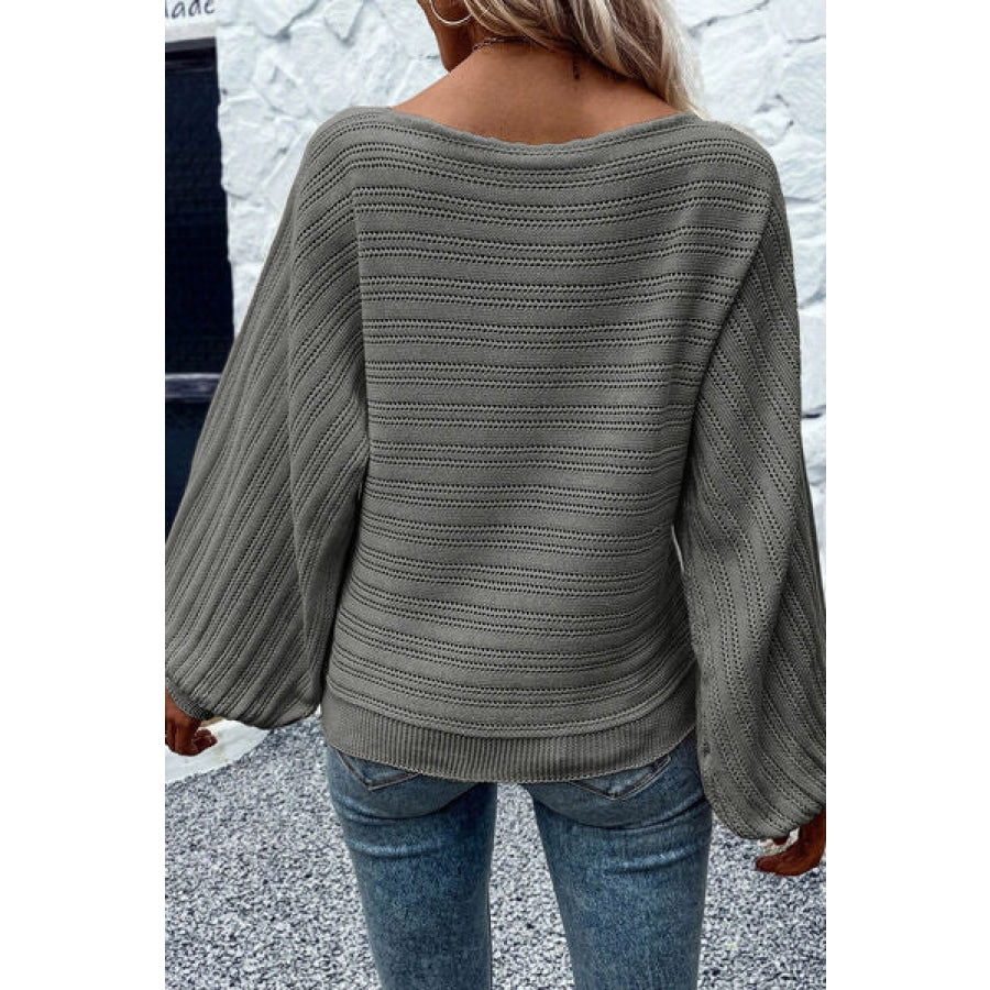 Openwork Boat Neck Lantern Sleeve Sweater Clothing