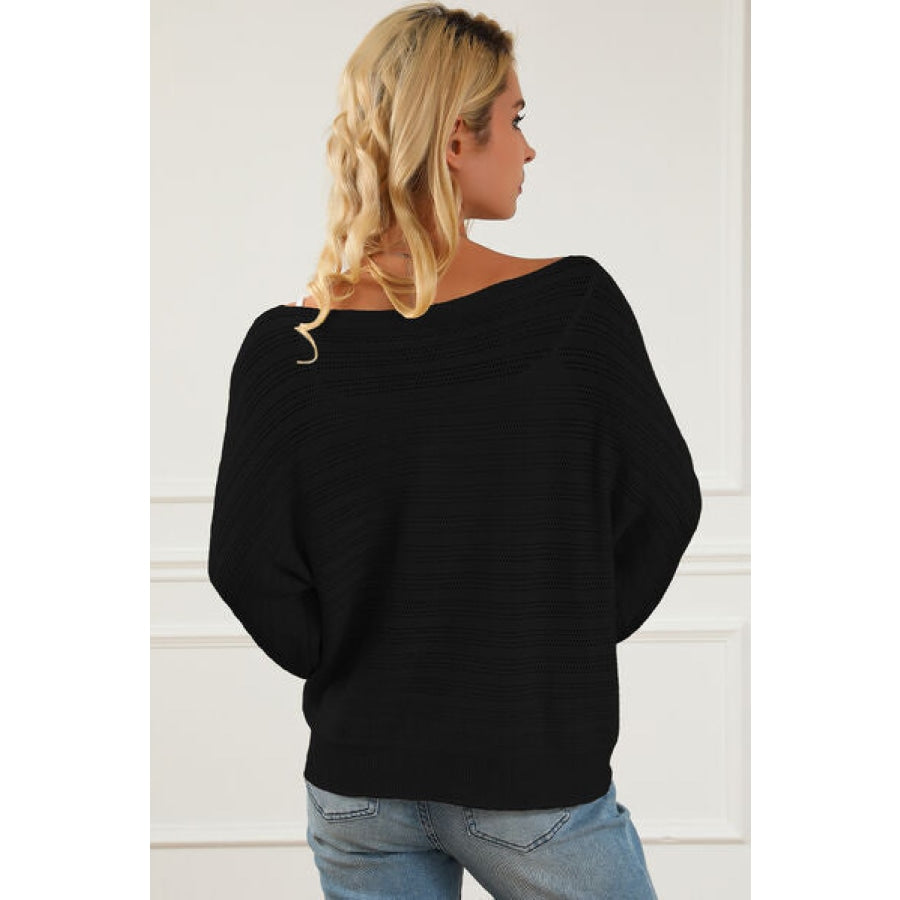 Openwork Boat Neck Lantern Sleeve Sweater Clothing