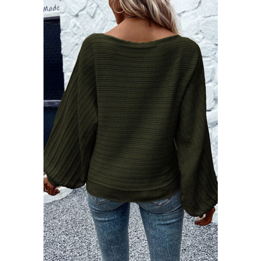 Openwork Boat Neck Lantern Sleeve Sweater Clothing