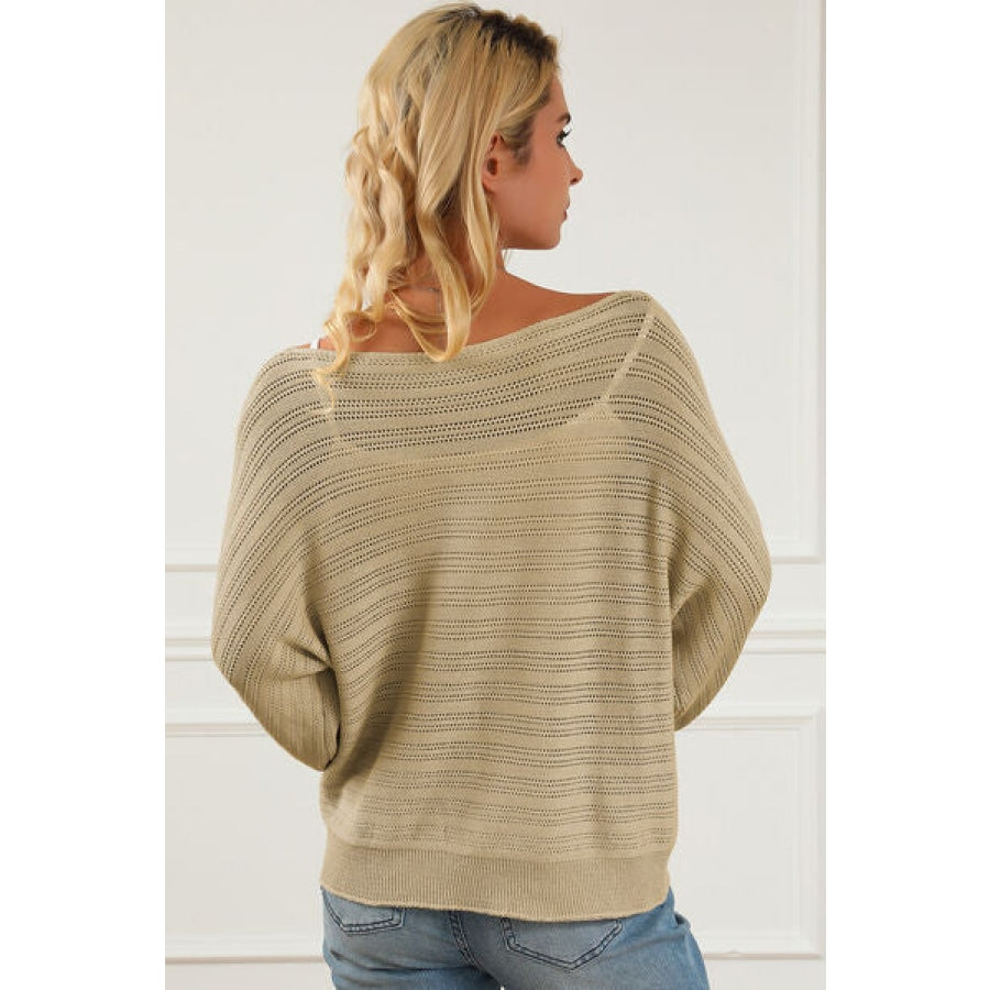 Openwork Boat Neck Lantern Sleeve Sweater Pastel Yellow / S Clothing