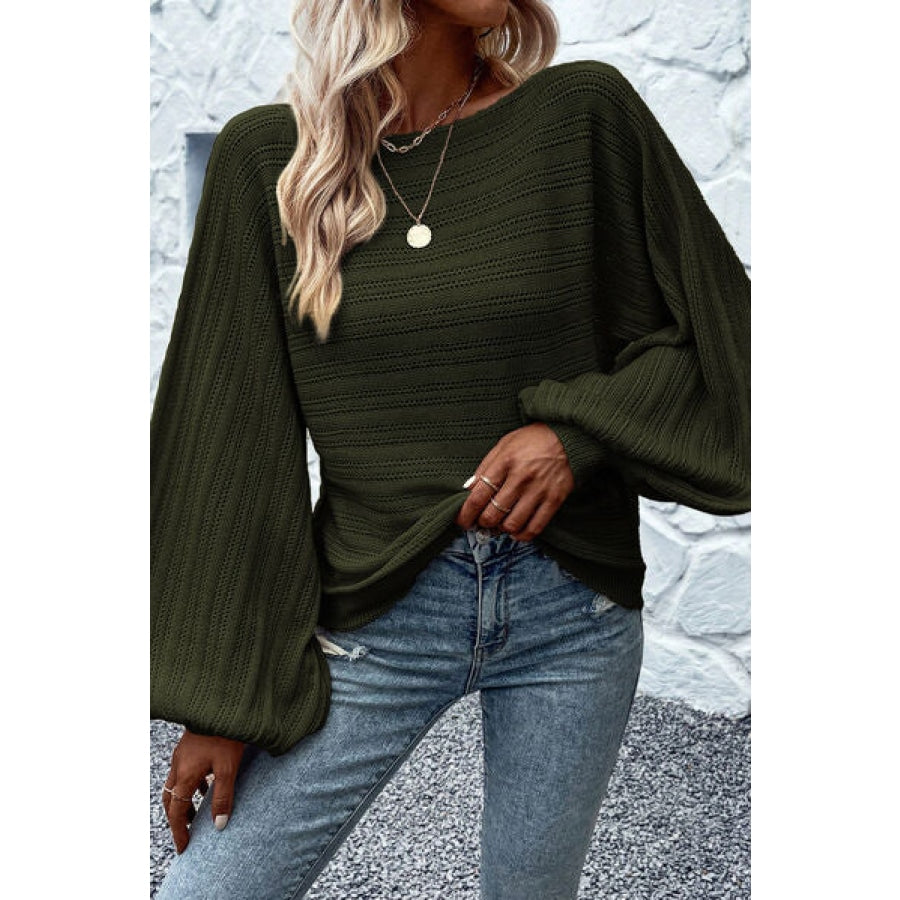 Openwork Boat Neck Lantern Sleeve Sweater Green / S Clothing