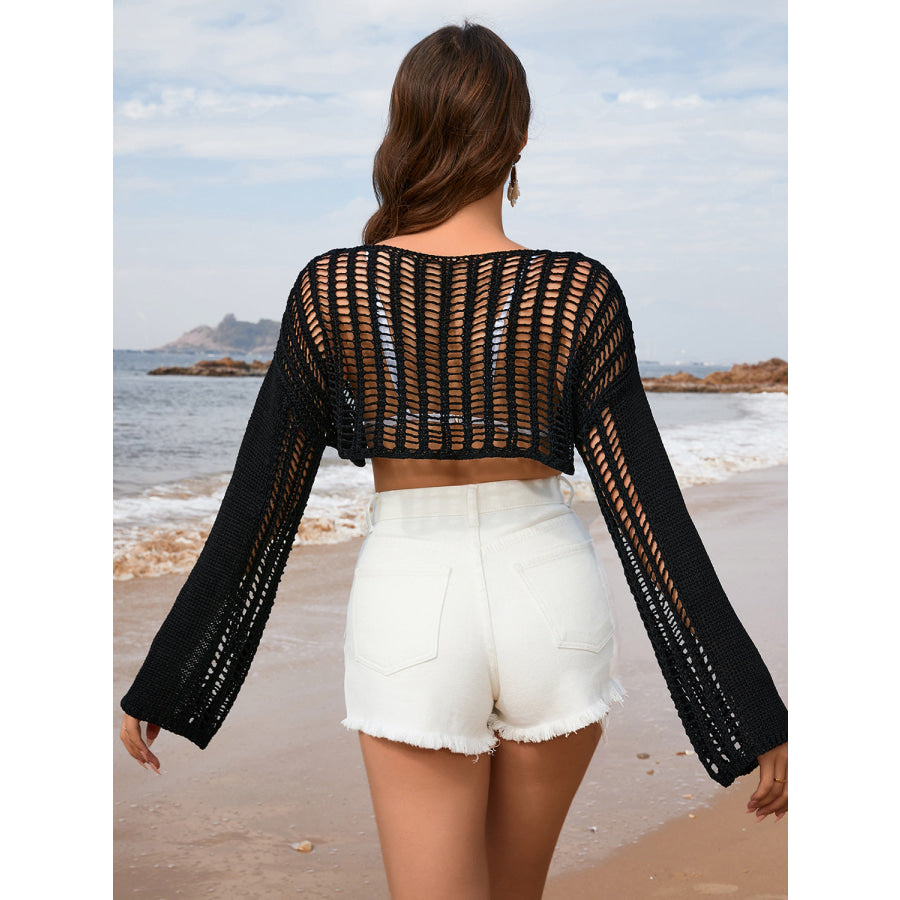 Openwork Boat Neck Long Sleeve Cover - Up Apparel and Accessories