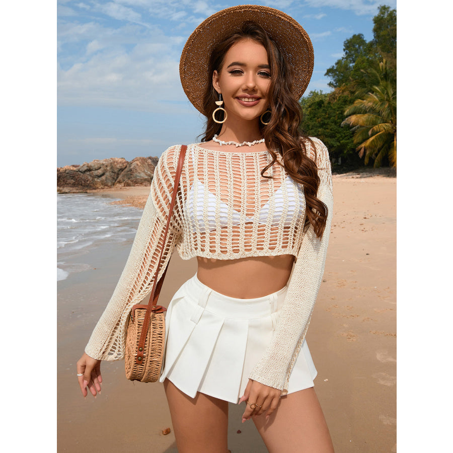 Openwork Boat Neck Long Sleeve Cover - Up Apparel and Accessories
