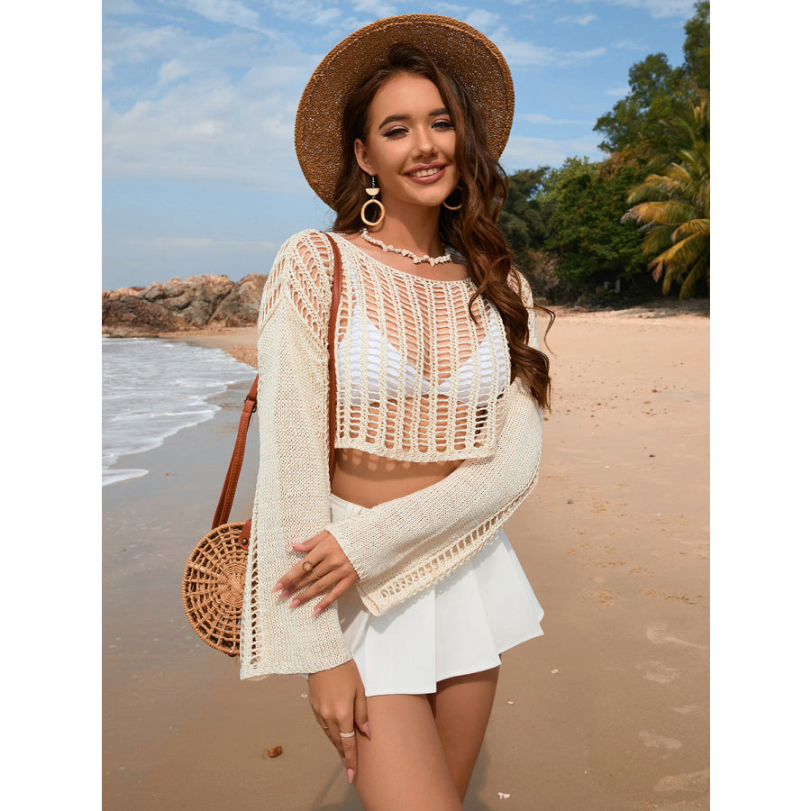 Openwork Boat Neck Long Sleeve Cover - Up Apparel and Accessories