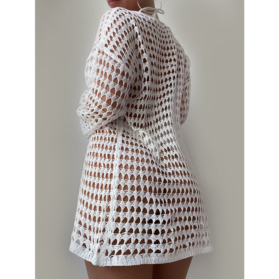 Openwork Boat Neck Long Sleeve Cover - Up White / One Size Apparel and Accessories