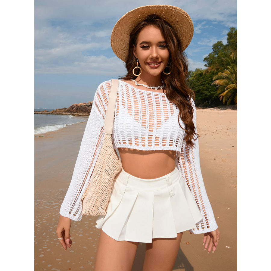Openwork Boat Neck Long Sleeve Cover - Up Apparel and Accessories