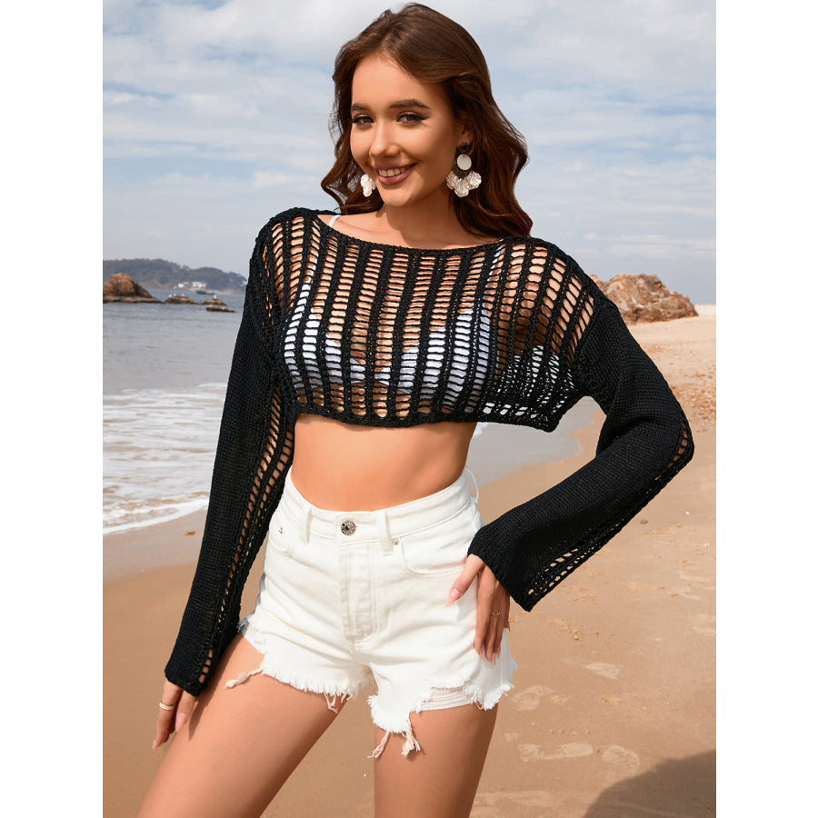 Openwork Boat Neck Long Sleeve Cover - Up Black / S Apparel and Accessories