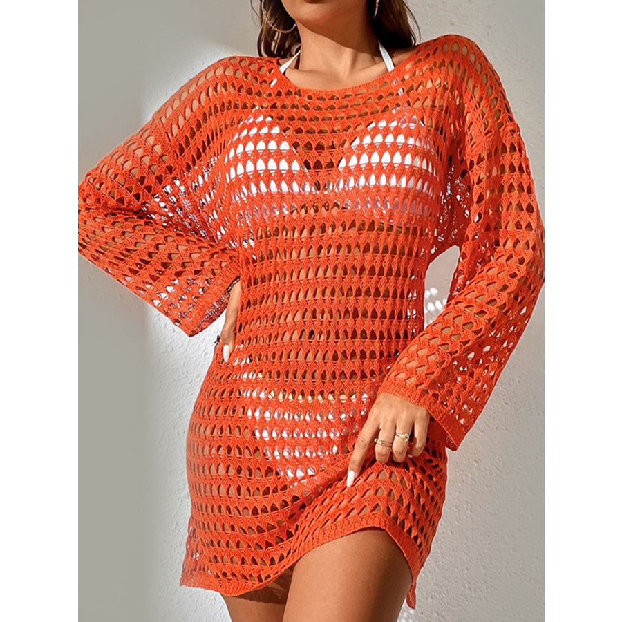 Openwork Boat Neck Long Sleeve Cover - Up Orange / One Size Apparel and Accessories