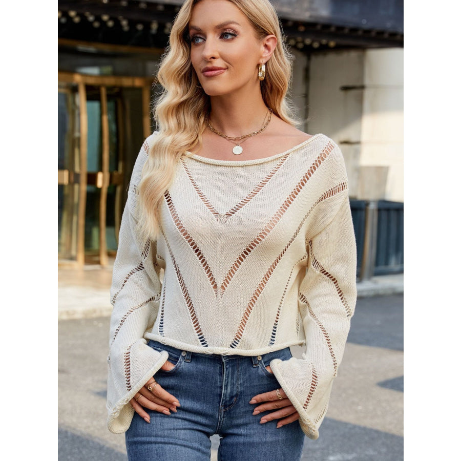 Openwork Boat Neck Long Sleeve Sweater Apparel and Accessories