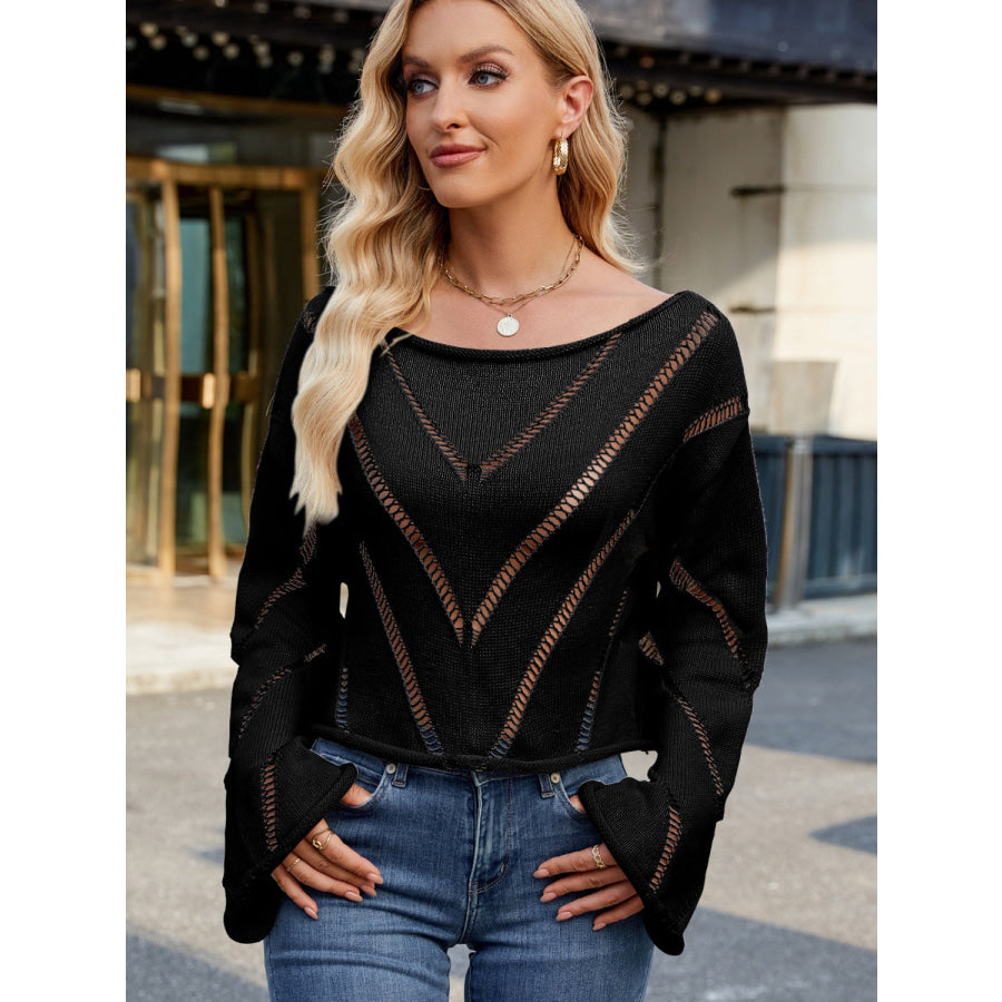 Openwork Boat Neck Long Sleeve Sweater Apparel and Accessories