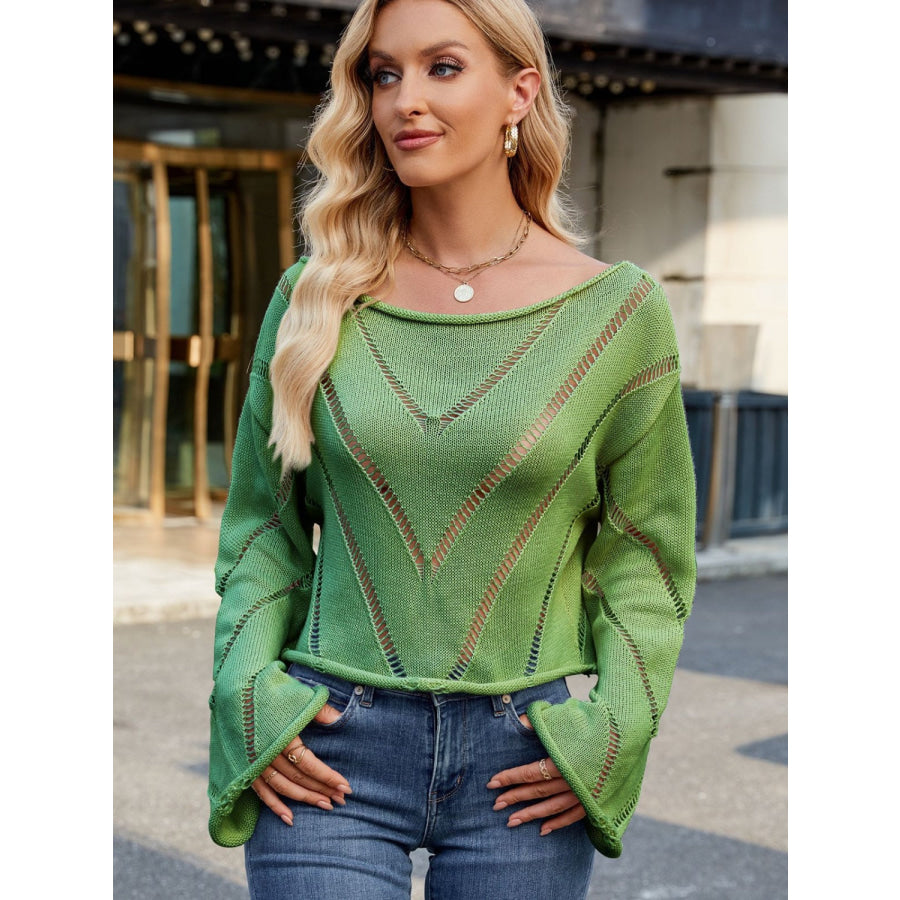 Openwork Boat Neck Long Sleeve Sweater Green / S Apparel and Accessories