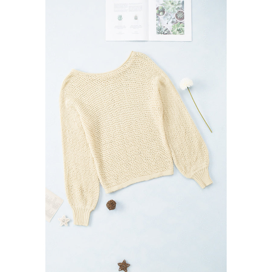 Openwork Boat Neck Raglan Sleeve Knit Top Apparel and Accessories