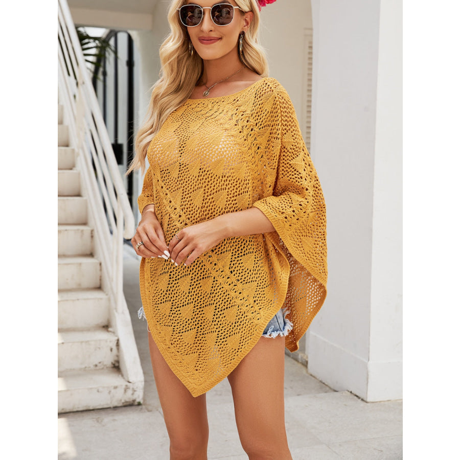 Openwork Boat Neck Shawl Cover Up Apparel and Accessories