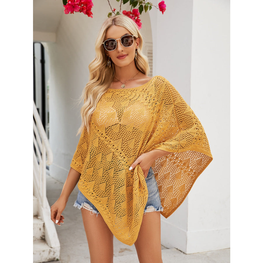 Openwork Boat Neck Shawl Cover Up Honey / S Apparel and Accessories