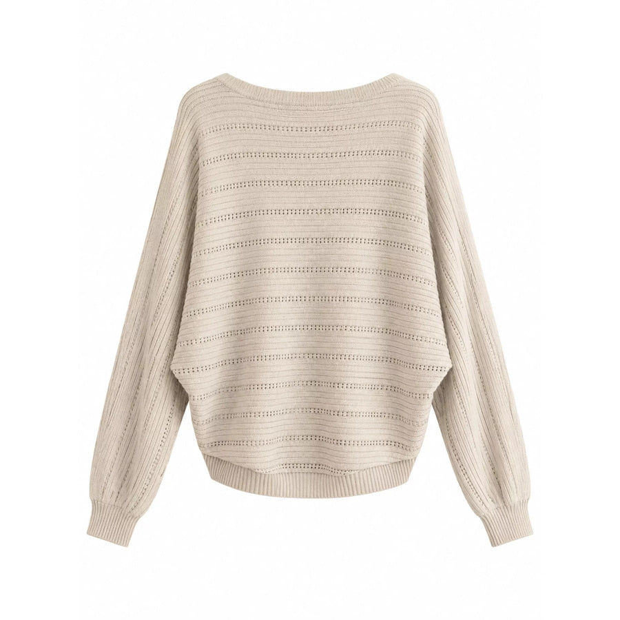 Openwork Boat Neck Sweater Oatmeal / One Size Apparel and Accessories