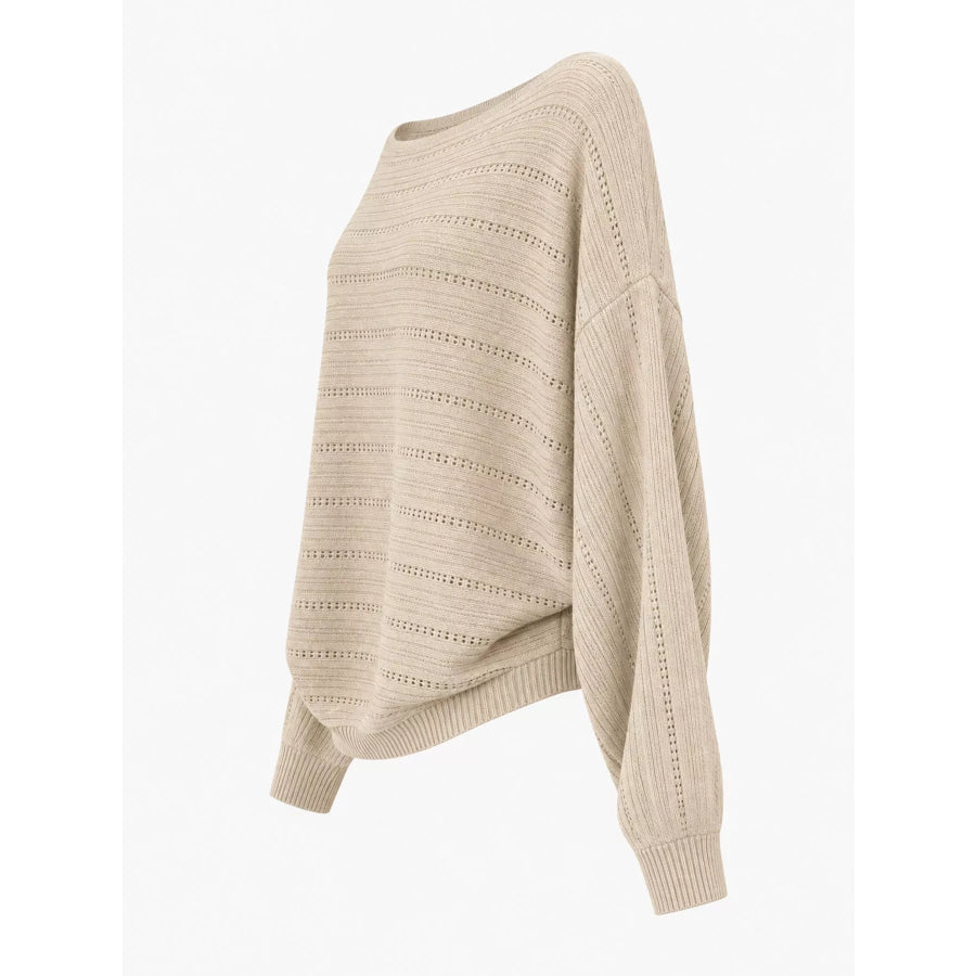 Openwork Boat Neck Sweater Oatmeal / One Size Apparel and Accessories