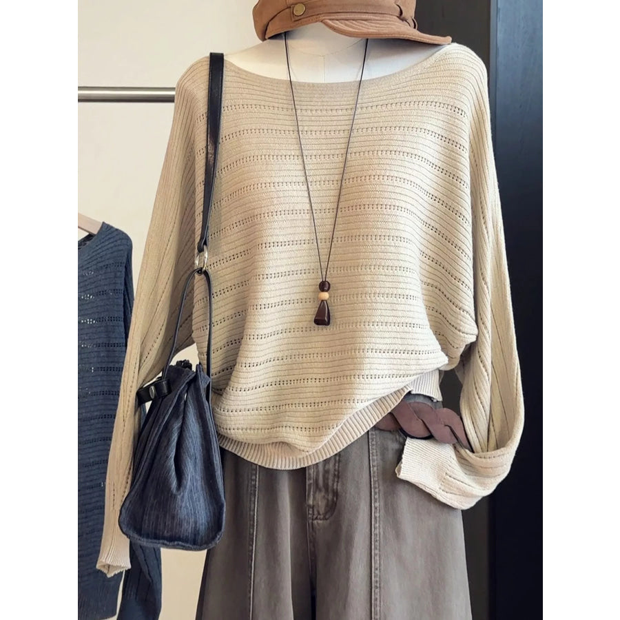 Openwork Boat Neck Sweater Oatmeal / One Size Apparel and Accessories