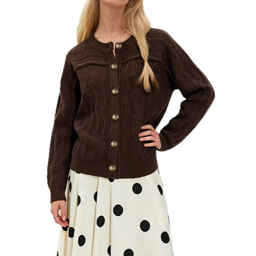 Openwork Button-Down Knit Cardigan Brown / S Apparel and Accessories