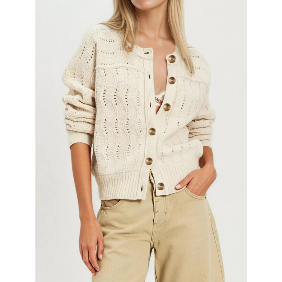 Openwork Button-Down Knit Cardigan Apricot / S Apparel and Accessories