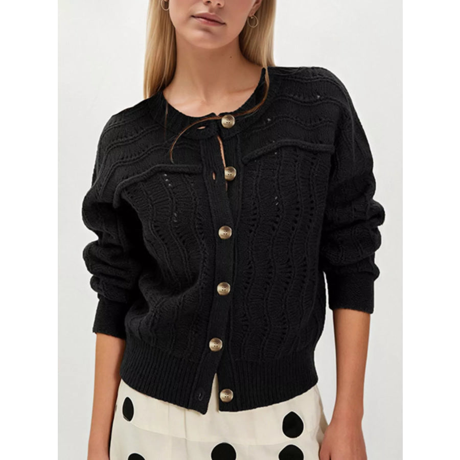Openwork Button-Down Knit Cardigan Black / S Apparel and Accessories