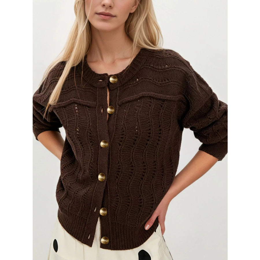 Openwork Button-Down Knit Cardigan Brown / S Apparel and Accessories