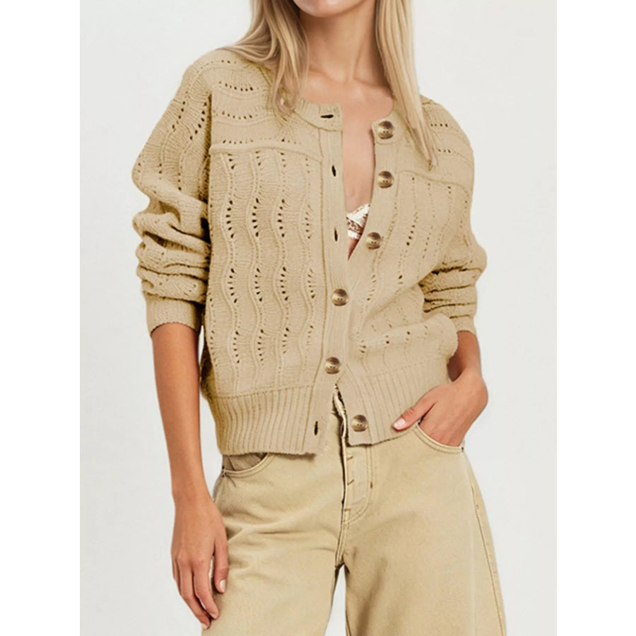Openwork Button-Down Knit Cardigan Khaki / S Apparel and Accessories