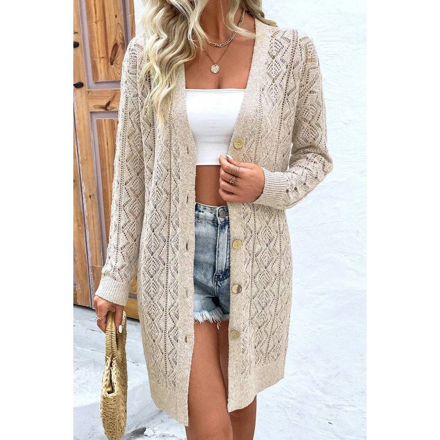 Openwork Button Down Long Sleeve Cardigan Apparel and Accessories