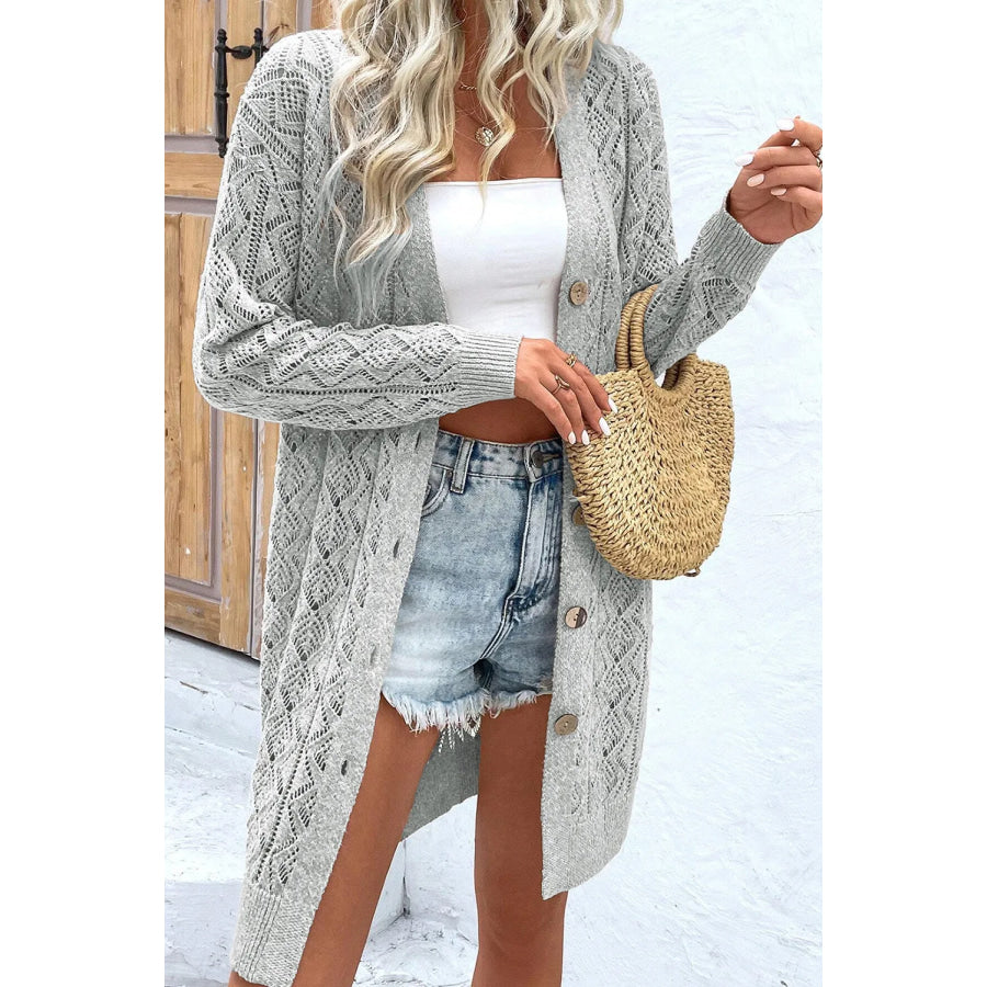 Openwork Button Down Long Sleeve Cardigan Gray / S Apparel and Accessories