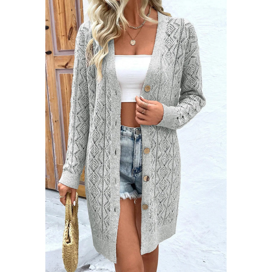 Openwork Button Down Long Sleeve Cardigan Gray / S Apparel and Accessories