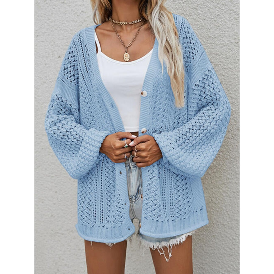 Openwork Button Front Cardigan Sky Blue / S