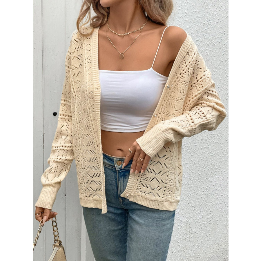 Openwork Button Up Long Sleeve Cardigan Apparel and Accessories