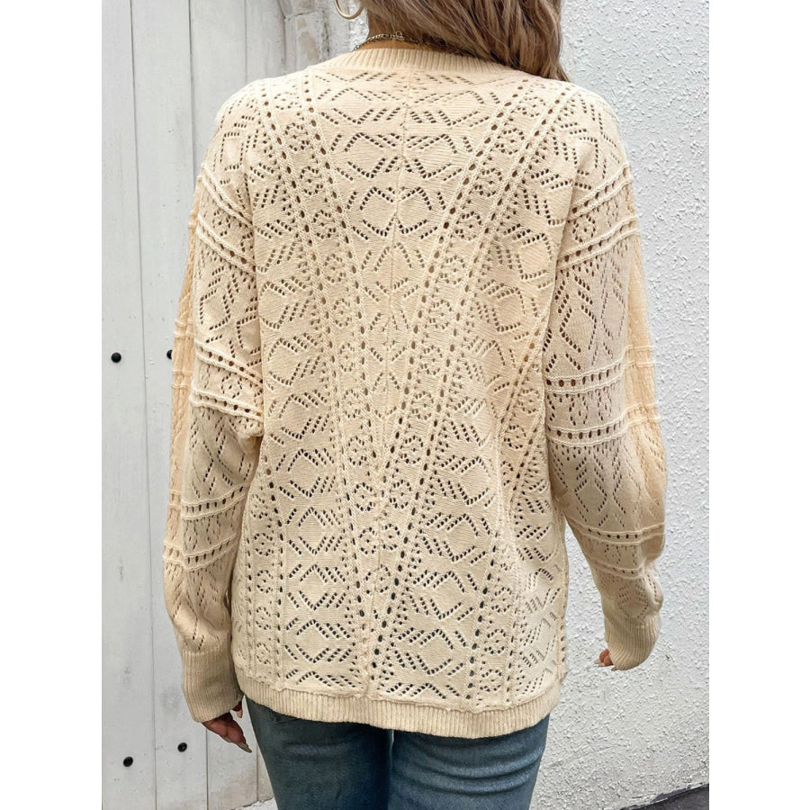 Openwork Button Up Long Sleeve Cardigan Apparel and Accessories