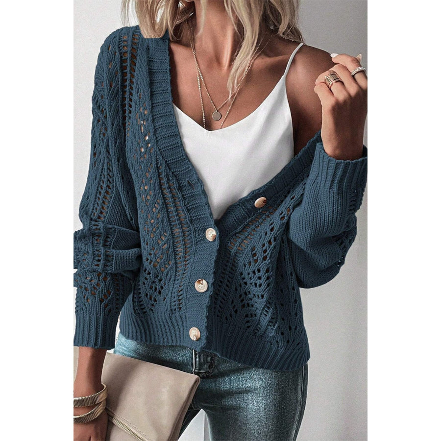 Openwork Button Up Long Sleeve Cardigan Apparel and Accessories