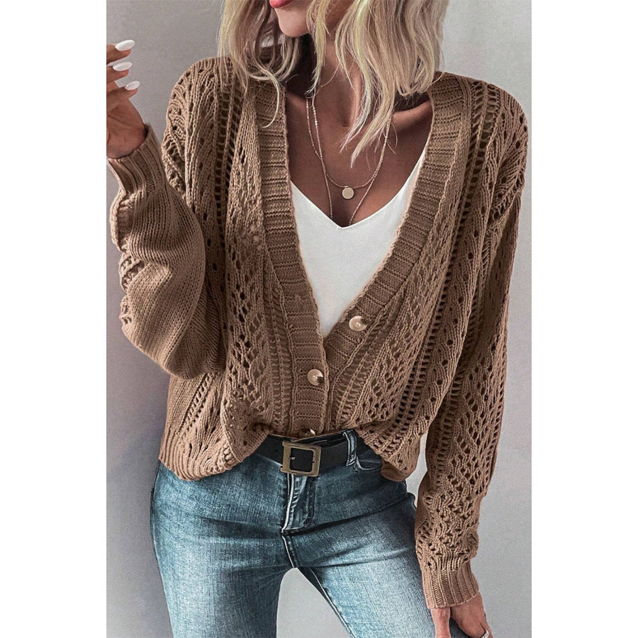 Openwork Button Up Long Sleeve Cardigan Apparel and Accessories